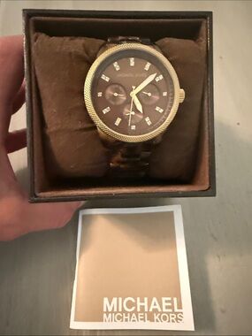 Michael Kors Brown Tortoiseshell and Gold Chronograph Watch